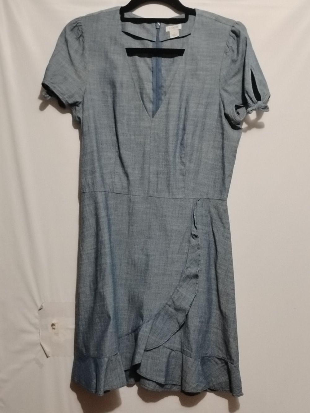 J. Crew Faux Wrap Chambray Blue Puff-Sleeve Ruffle‎ Midi Dress